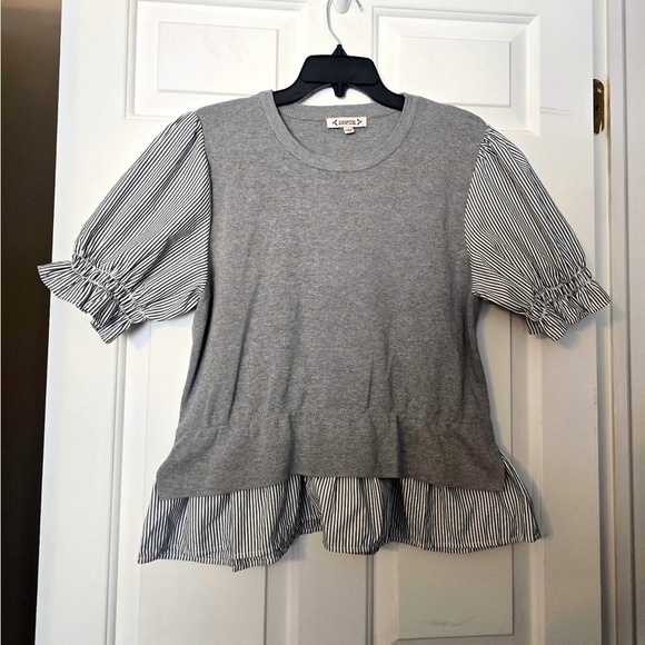 Nanette Lepore 2 In 1 Sweater Gray Black & White Stripe Underlay SS Size Large - Picture 1 of 6